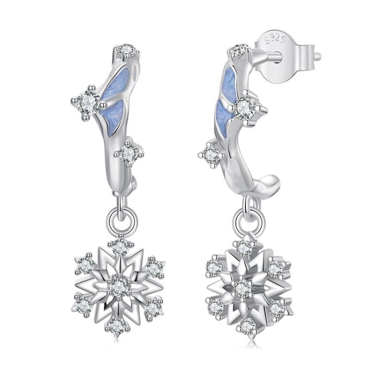 S925 Sterling Silver Platinum-Plated Shining Snowflake Zircon Earrings(SCE1826)