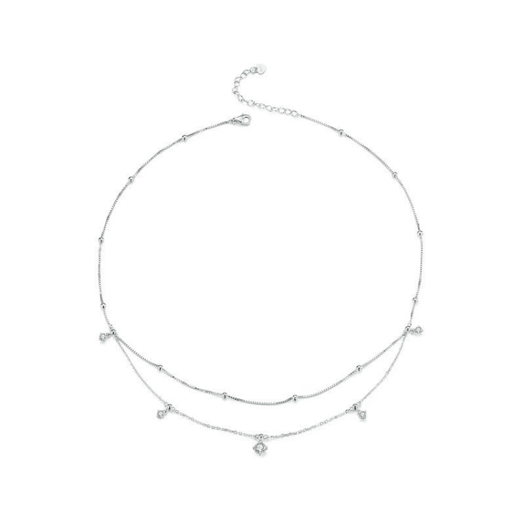 S925 Sterling Silver Platinum-plated Tassel Moissanite Double-layer Necklace(MSN034)