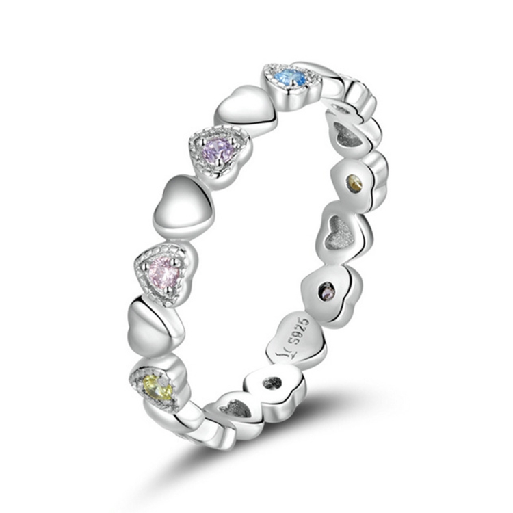 S925 Sterling Silver Rainbow Heart Women Ring, Size:8