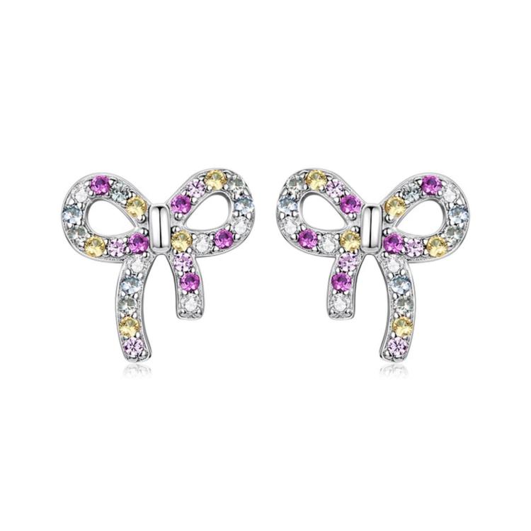S925 Sterling Silver Sweet Bow Colorful Zirconia Stud Earrings(SCE2034)