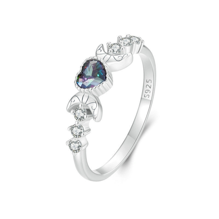 S925 Sterling Silver With Platinum-plated Vintage Heart-shaped Crescent Ring, Size: No.7