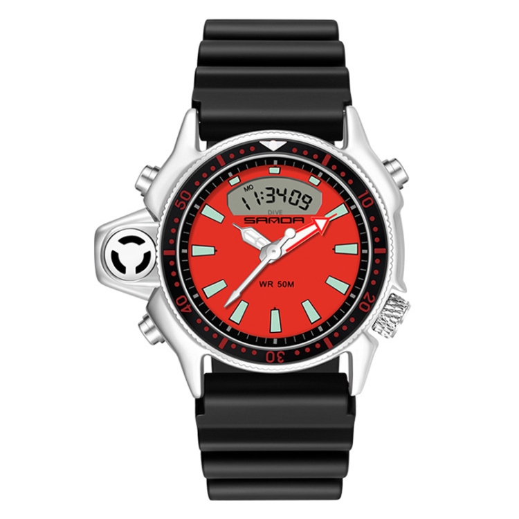 SANDA 3008 Multifunctional Men Outdoor Sports Noctilucent 50m Waterproof Digital Wrist Watch (Black Red)