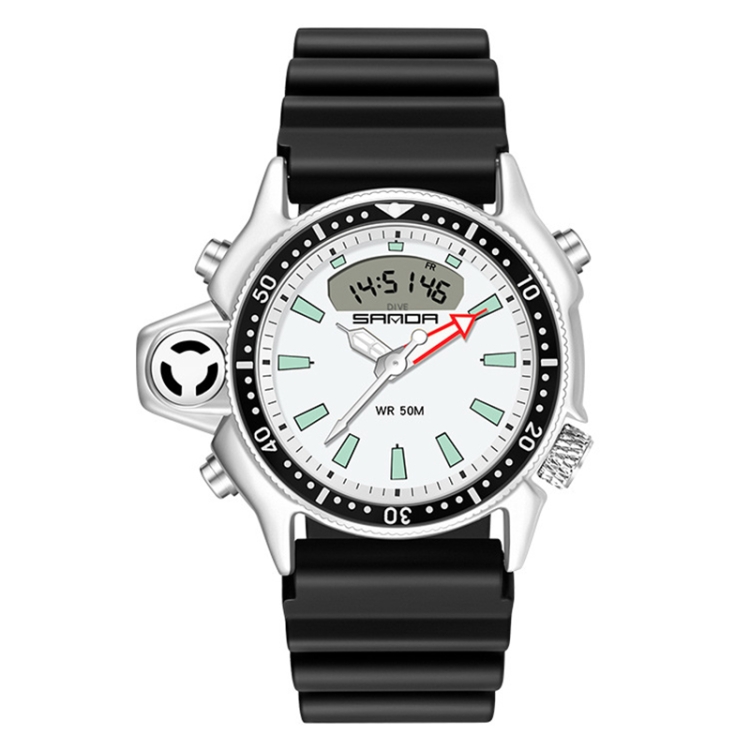 SANDA 3008 Multifunctional Men Outdoor Sports Noctilucent 50m Waterproof Digital Wrist Watch (Black White)