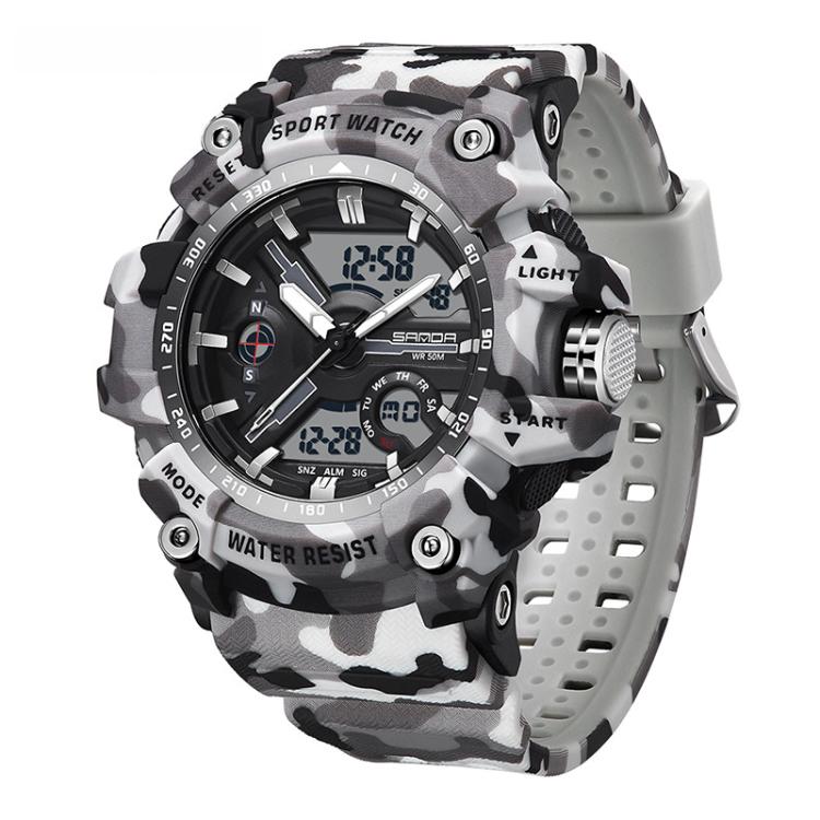 SANDA 3355 Camouflage Multifunction Watch Alarm Clock Waterproof Electronic Watch, Color: Gray White