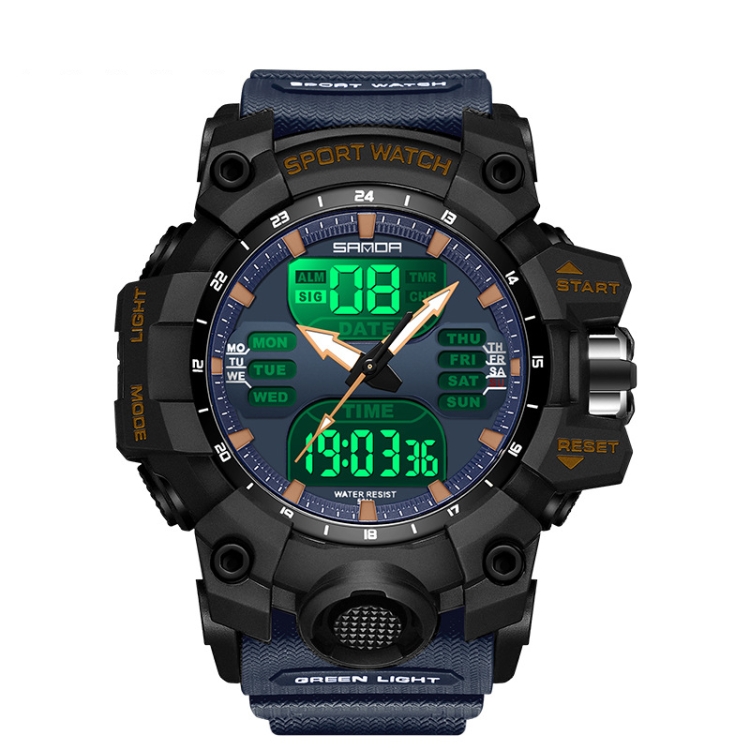 SANDA Green Light Alarm Clock Multifunctional Waterproof Shockproof Transparent Watch(Black Blue)