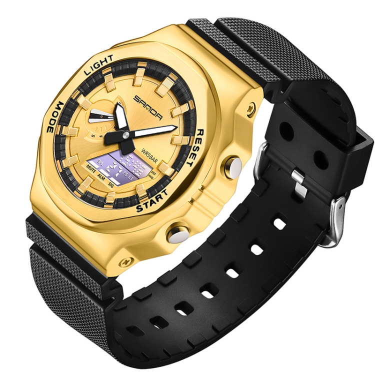 SANDA Octagonal Oak Hand Lamp Waterproof Sports Alarm Clock Men Watch(Black Gold)