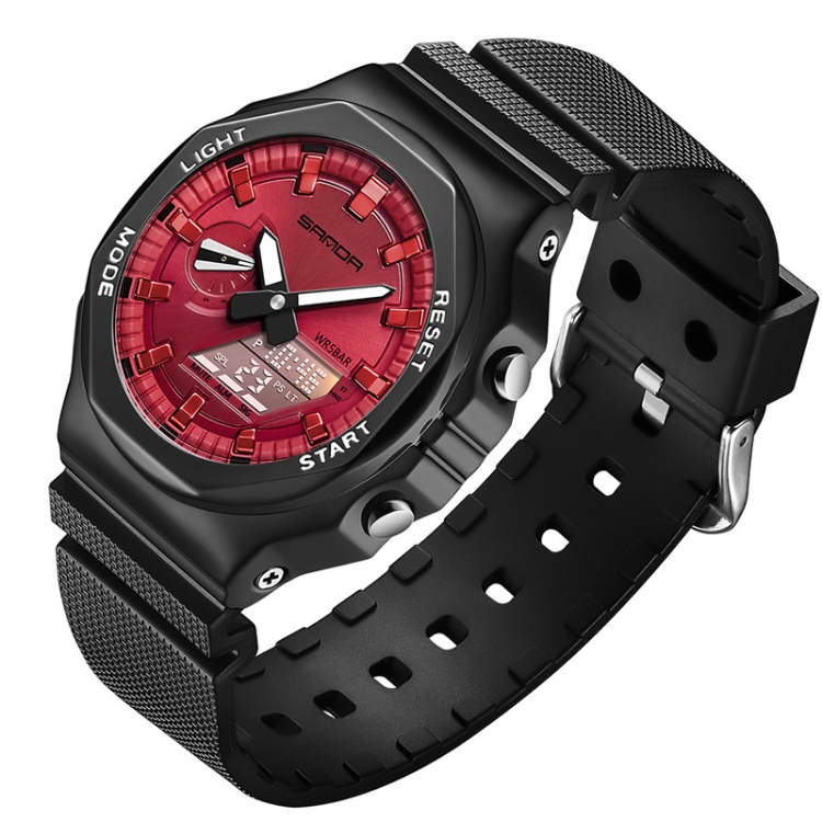 SANDA Octagonal Oak Hand Lamp Waterproof Sports Alarm Clock Men Watch(Black Red)