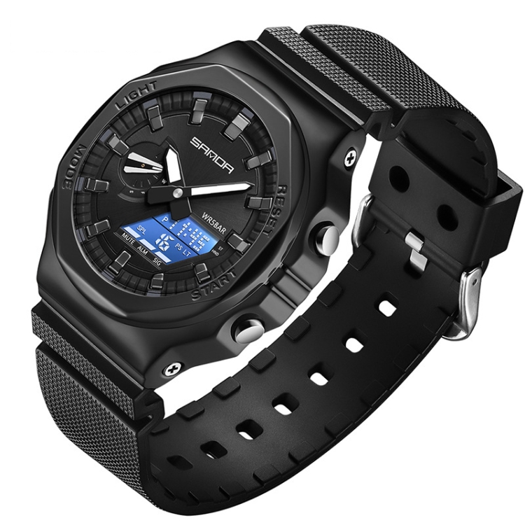 SANDA Octagonal Oak Hand Lamp Waterproof Sports Alarm Clock Men Watch(Black White)