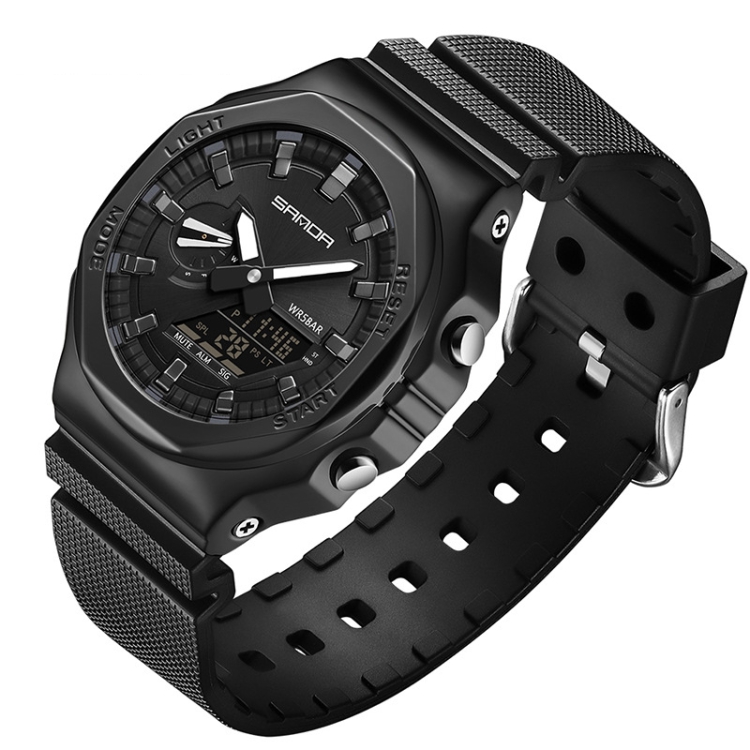 SANDA Octagonal Oak Hand Lamp Waterproof Sports Alarm Clock Men Watch(Full Black)
