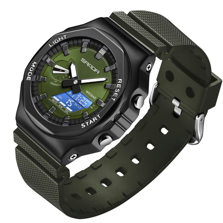 SANDA Octagonal Oak Hand Lamp Waterproof Sports Alarm Clock Men Watch(Military Green)