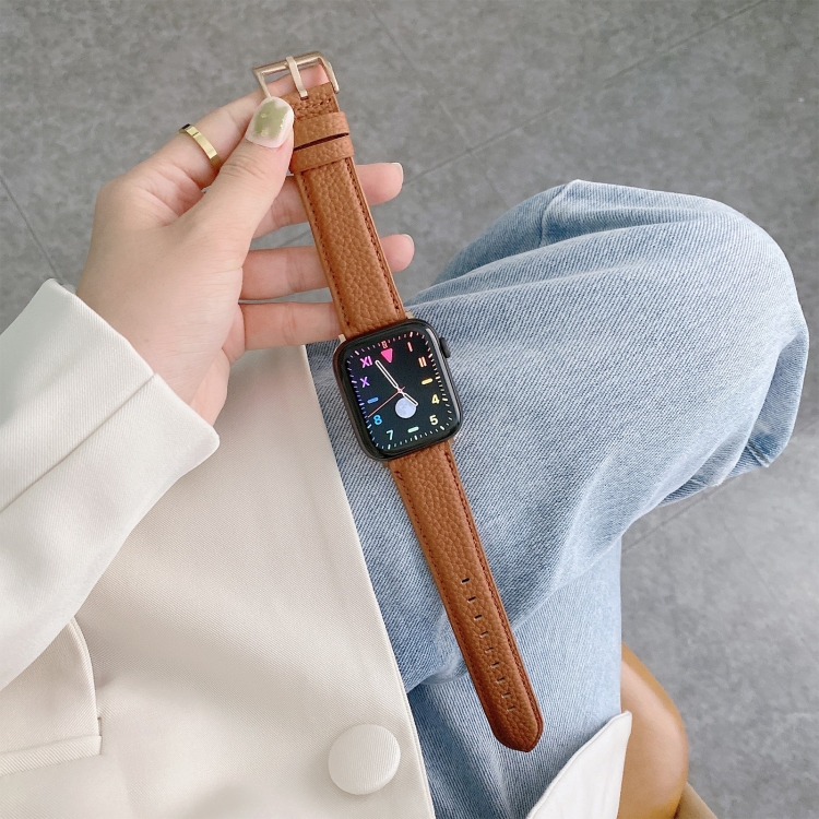 Sewing Thread Lychee Texture Leather Watch Band For Apple Watch Series 9&8&7 41mm / SE 3&SE 2&6&SE&5&4 40mm / 3&2&1 38mm(Brown)