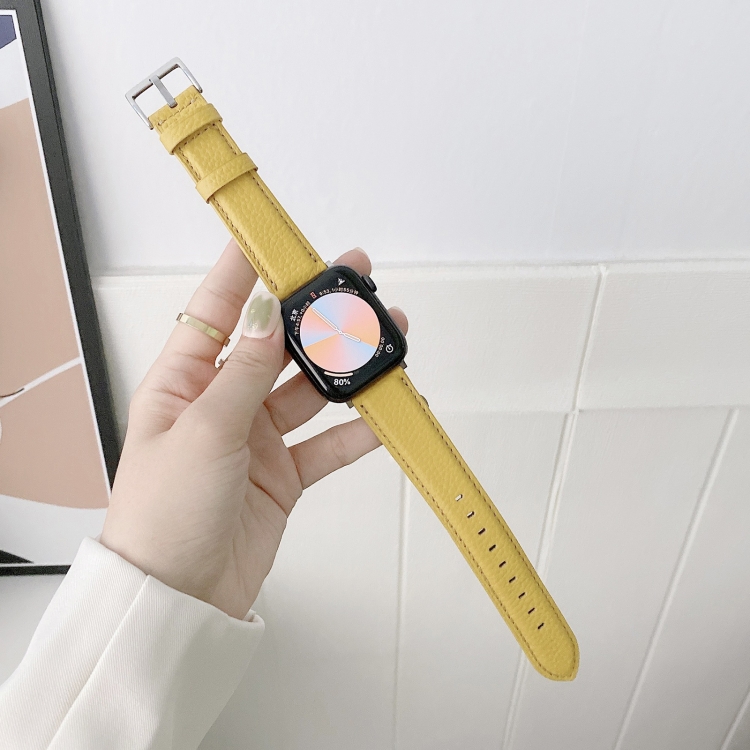 Sewing Thread Lychee Texture Leather Watch Band For Apple Watch Series 9&8&7 41mm / SE 3&SE 2&6&SE&5&4 40mm / 3&2&1 38mm(Yellow)