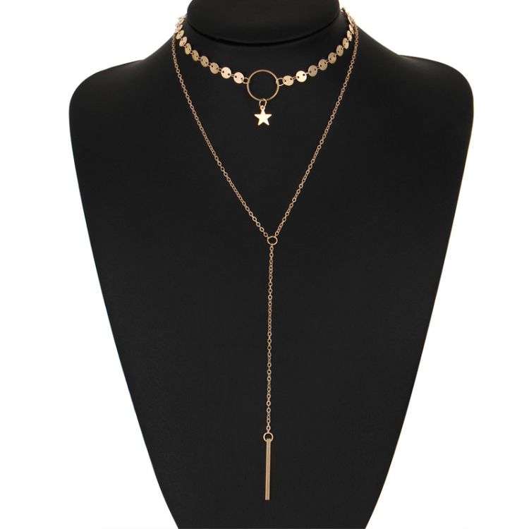 Simple Sexy Handmade Sequins Star Tassels Circle Clavicle Chain Long Pendant Double-layer Chain(Gold)
