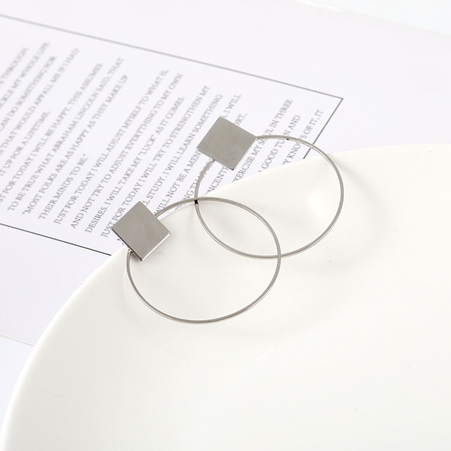 Simple Style Fashion Earrings Women Square Round Geometric Hanging Earrings(Silver)