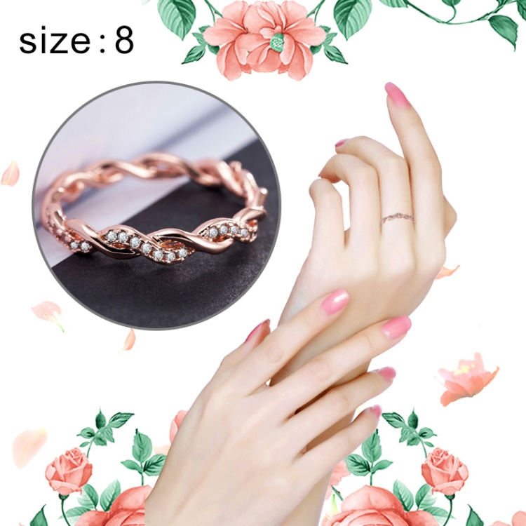Simple Stylish Ladies Full Rhinestone Twist Modelling Ring(Rose Gold US Size:8)