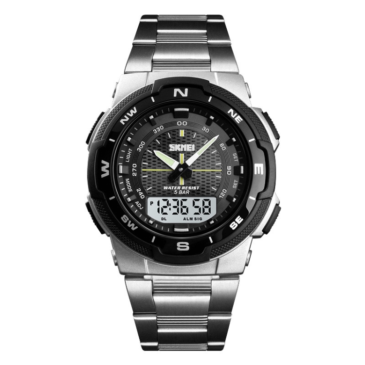 SKMEI 1370 Multifunctional Men Outdoor Sports Noctilucent Waterproof Stainless Steel Digital Wrist Watch (Silver)