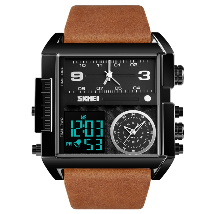 SKMEI 1391 Multifunctional Men Business Digital Watch 30m Waterproof Square Dial Wrist Watch with Leather Watchband(Black Brown)