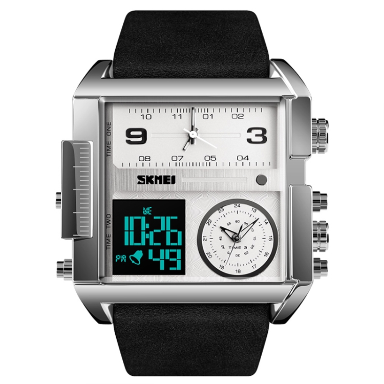 SKMEI 1391 Multifunctional Men Business Digital Watch 30m Waterproof Square Dial Wrist Watch with Leather Watchband(Silver+Black)