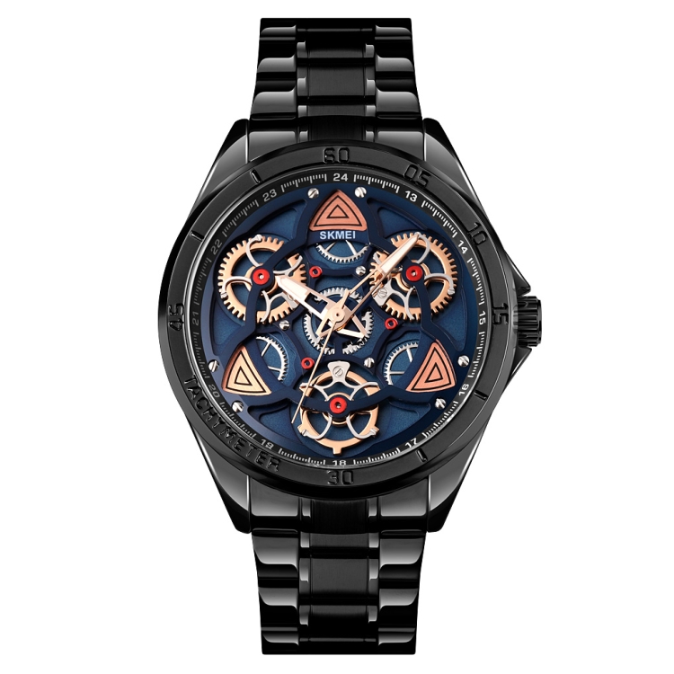 SKMEI 1678 Men Waterproof Quartz Watch with Rotatable Gear Dial(Black Shell Blue Surface)