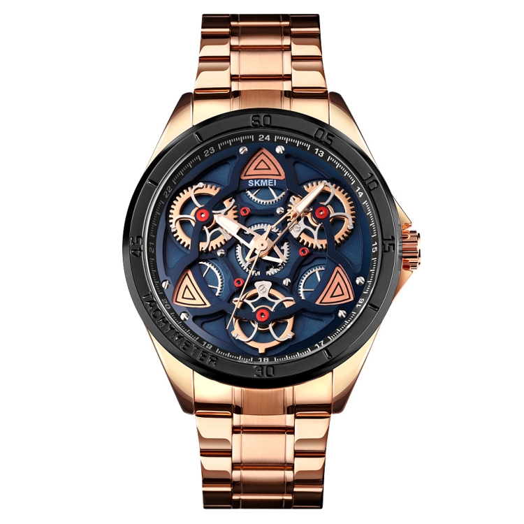 SKMEI 1678 Men Waterproof Quartz Watch with Rotatable Gear Dial(Rose Gold Shell Blue Surface)
