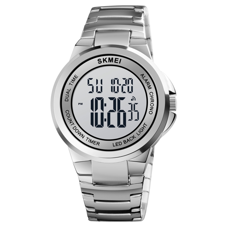 SKMEI 1712 Dual Time LED Digital Display Luminous Stainless Steel Strap Electronic Watch(Silver and White)