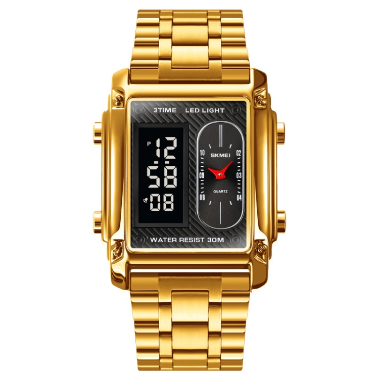 SKMEI 1868 Square Double Display Waterproof Men Watch, Style: Steel Belt (Gold)