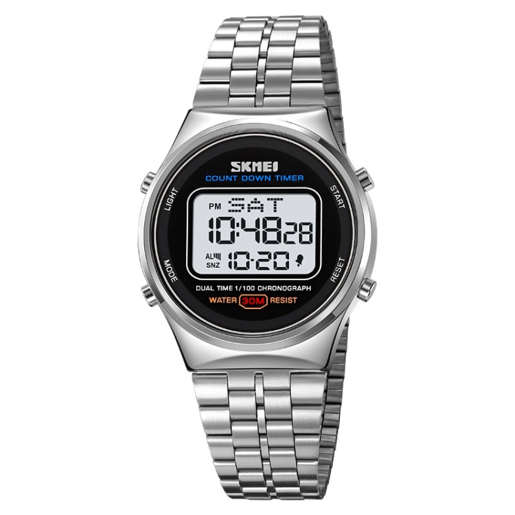 SKMEI 1882 Multifunctional Men 30M Waterproof Luminous Stainless Steel Digital Wrist Watch(Silver White)
