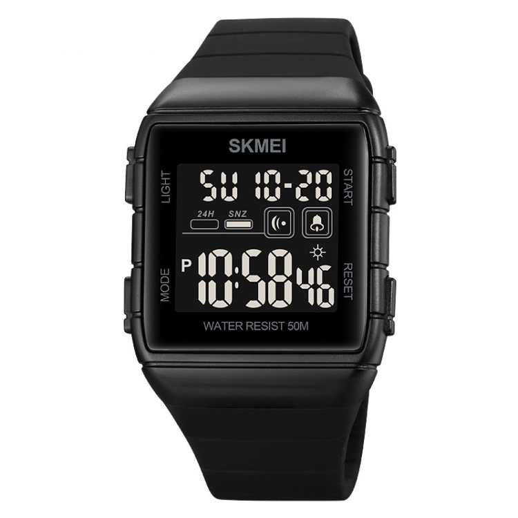 SKMEI 1960 Stainless Steel Buckle Silicone Strap Waterproof Electronic Watch(Black and Black Machine)