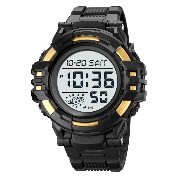 SKMEI 2003 Multifunctional Back Light Sports Watch Mens Countdown Date Alarm Clock Watch(Gold White Machine)