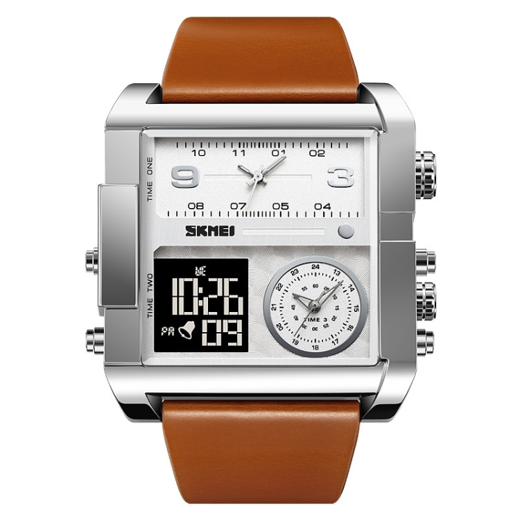 SKMEI 2020 Square Large Dial Triple Movement Men Sports Watch(Silver Shell Brown Belt Black Machine)