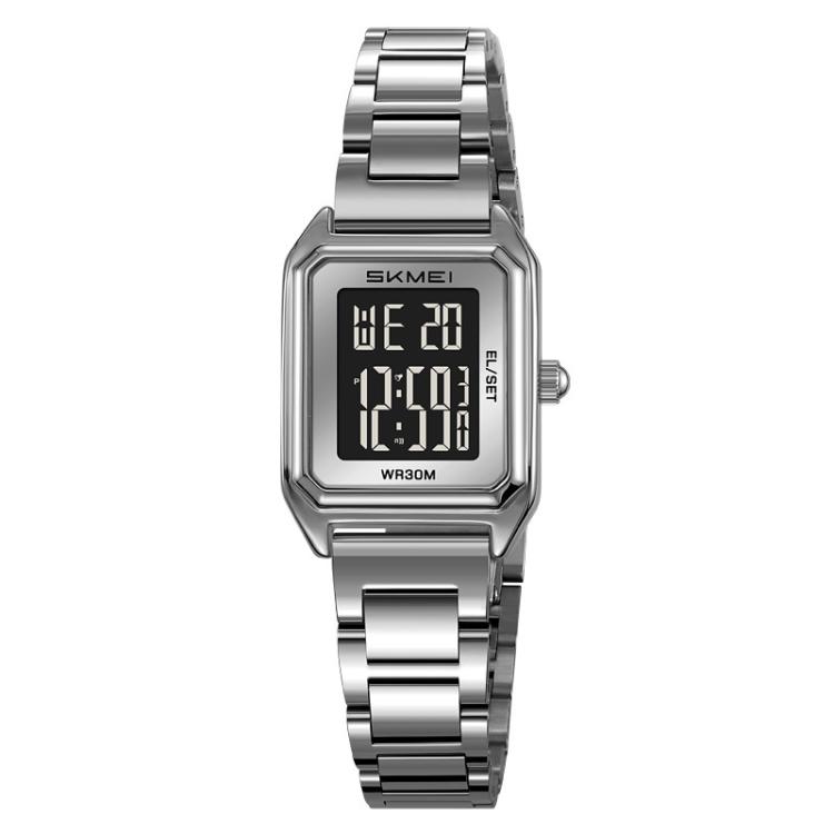 SKMEI 2493 Small Women Electronic Watch Square Steel Strap Watch, Style: Silver Case Black