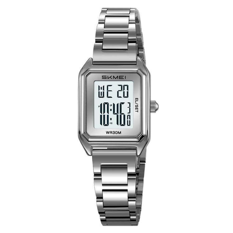 SKMEI 2493 Small Women Electronic Watch Square Steel Strap Watch, Style: Silver Case White