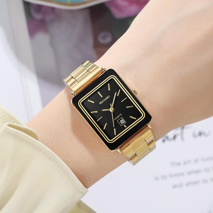 SKMEI 2566 Women Vintage Steel-Strap Business Watch 30m Water-Resistant Daily-Use Calendar Quartz Watch(Gold Case Black Dial)