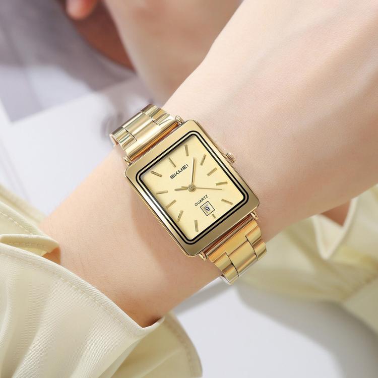 SKMEI 2566 Women Vintage Steel-Strap Business Watch 30m Water-Resistant Daily-Use Calendar Quartz Watch(Gold Case Gold Dial)