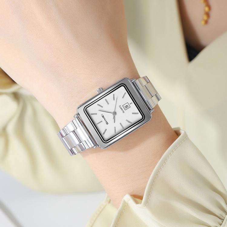 SKMEI 2566 Women Vintage Steel-Strap Business Watch 30m Water-Resistant Daily-Use Calendar Quartz Watch(Silver Case Silver Dial)