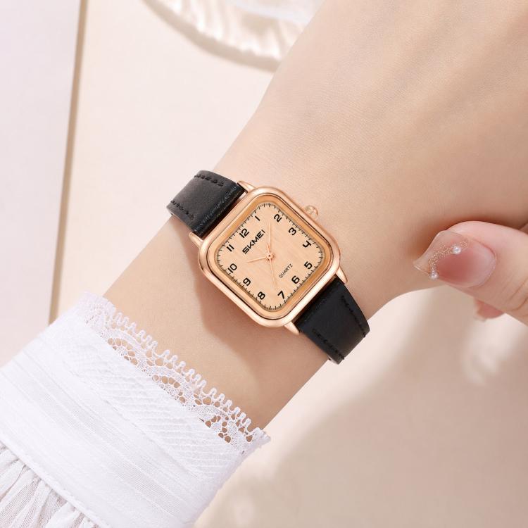 SKMEI 2579 Square Ladies Quartz Watch Leather Strap Watch(Rose Gold Case Black Strap)