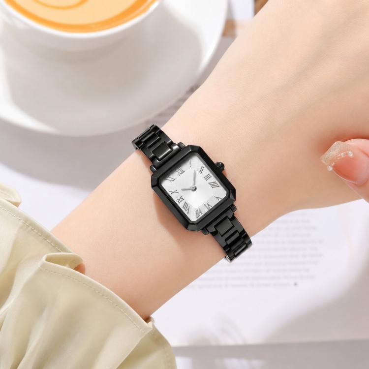 SKMEI 2582 Elegant Ladies Square Watch Stainless Steel Strap 30m Life Waterproof Quartz Watch(Black Case Silver Dial)