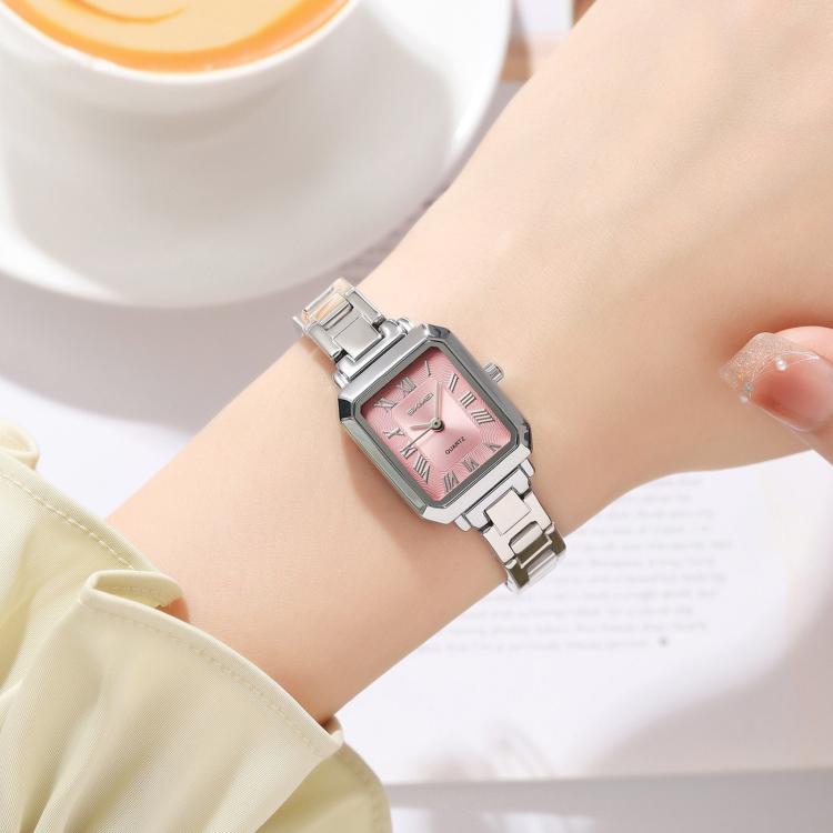 SKMEI 2582 Elegant Ladies Square Watch Stainless Steel Strap 30m Life Waterproof Quartz Watch(Silver Case Pink Dial)