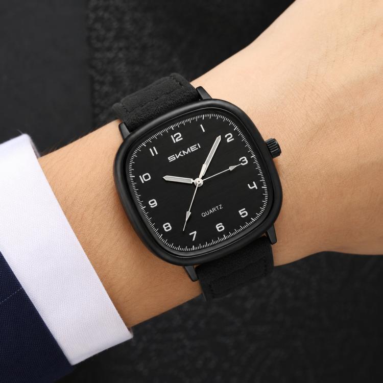 SKMEI 2586 Men Square Quartz Watch Retro Minimalist Leather Strap Timepiece(Black Case Black Strap)