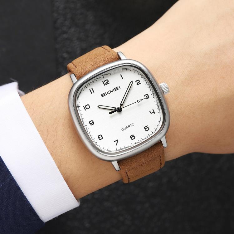 SKMEI 2586 Men Square Quartz Watch Retro Minimalist Leather Strap Timepiece(Gold Case Coffee Strap)