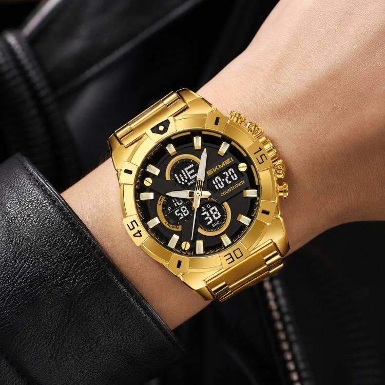 SKMEI 2593 Men Dual-Display Sports Watch Stainless Steel Strap Luminous 30M Life Water-Resistant Watch(Gold)