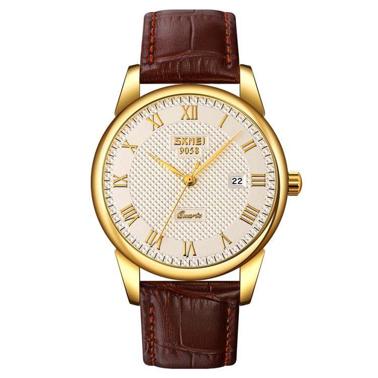 SKMEI 9058 Multifunctional Outdoor Fashion Waterproof Gold Shell Quartz Wrist Watch(Men Style Silver Face Brown Strap)