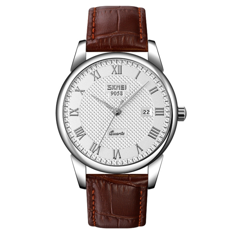 SKMEI 9058 Multifunctional Outdoor Fashion Waterproof Silver Shell Quartz Wrist Watch (Men Style Silver Face Brown Strap)