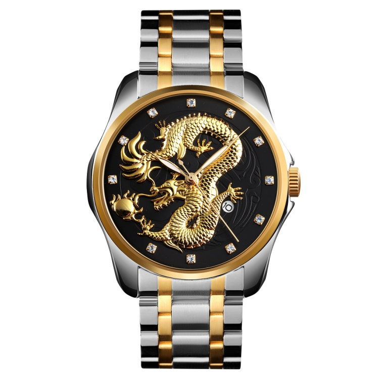 SKMEI 9193 Men Golden Dragon Pattern Calendar Dial Luminous Quartz Watch(Silver Black)