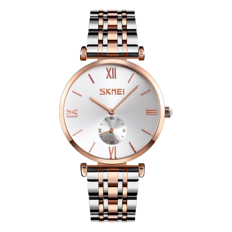 SKMEI 9198 Simple Roman Numeral Dial Metal Belt Quartz Watch for Couples(Rose Gold Silver Men)