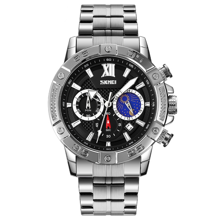 SKMEI 9235 Men Moonphase Stopwatch Stainless Steel Strap Quartz Watch(Silver Black)