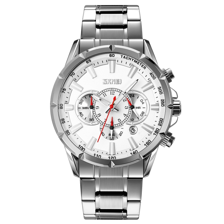 SKMEI 9241 Men Calendar Stopwatch Stainless Steel Strap Quartz Watch(Silver)