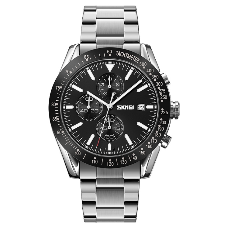 SKMEI 9253 Men Stopwatch Date Six Pin Stainless Steel Strap Quartz Watch(Silver Black)