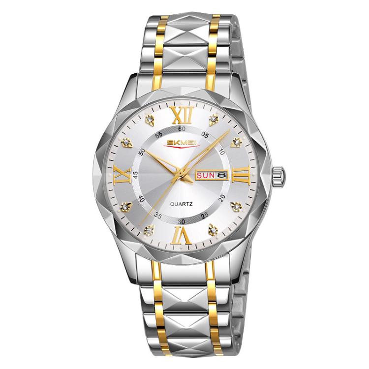 SKMEI Business Casual Watches Diamond Case Luminous Waterproof Quartz Watch, Style: Men Silver Gold Strap Silver Dial