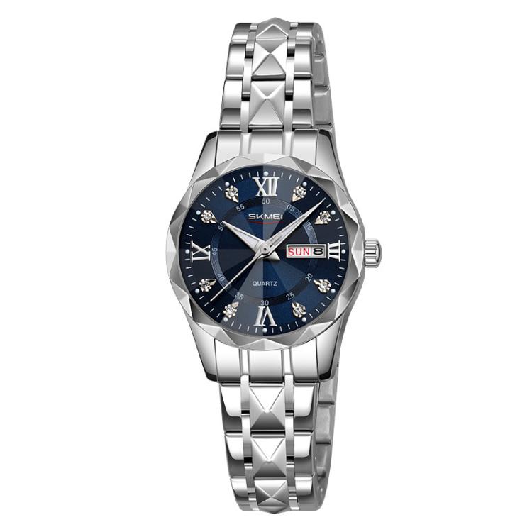 SKMEI Business Casual Watches Diamond Case Luminous Waterproof Quartz Watch, Style: Women Silver Case Blue Dial